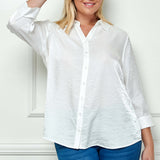 3/4 Notch Sleeve Button Front Spread Collar Blouse in White - Plus
