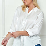 3/4 Notch Sleeve Button Front Spread Collar Blouse in White - Plus