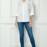 3/4 Notch Sleeve Button Front Spread Collar Blouse in White
