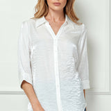3/4 Notch Sleeve Button Front Spread Collar Blouse in White