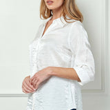 3/4 Notch Sleeve Button Front Spread Collar Blouse in White