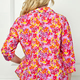 3/4 Sleeve Johnny Collar Button Front Top in Pink - Plus
