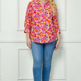 3/4 Sleeve Johnny Collar Button Front Top in Pink - Plus