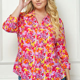 3/4 Sleeve Johnny Collar Button Front Top in Pink - Plus