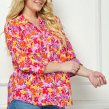 3/4 Sleeve Johnny Collar Button Front Top in Pink - Plus