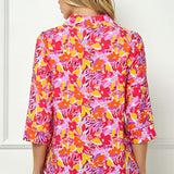 3/4 Sleeve Johnny Collar Button Front Top in Pink