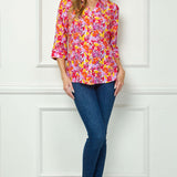 3/4 Sleeve Johnny Collar Button Front Top in Pink