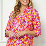3/4 Sleeve Johnny Collar Button Front Top in Pink