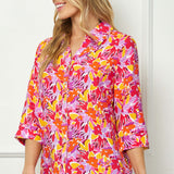 3/4 Sleeve Johnny Collar Button Front Top in Pink