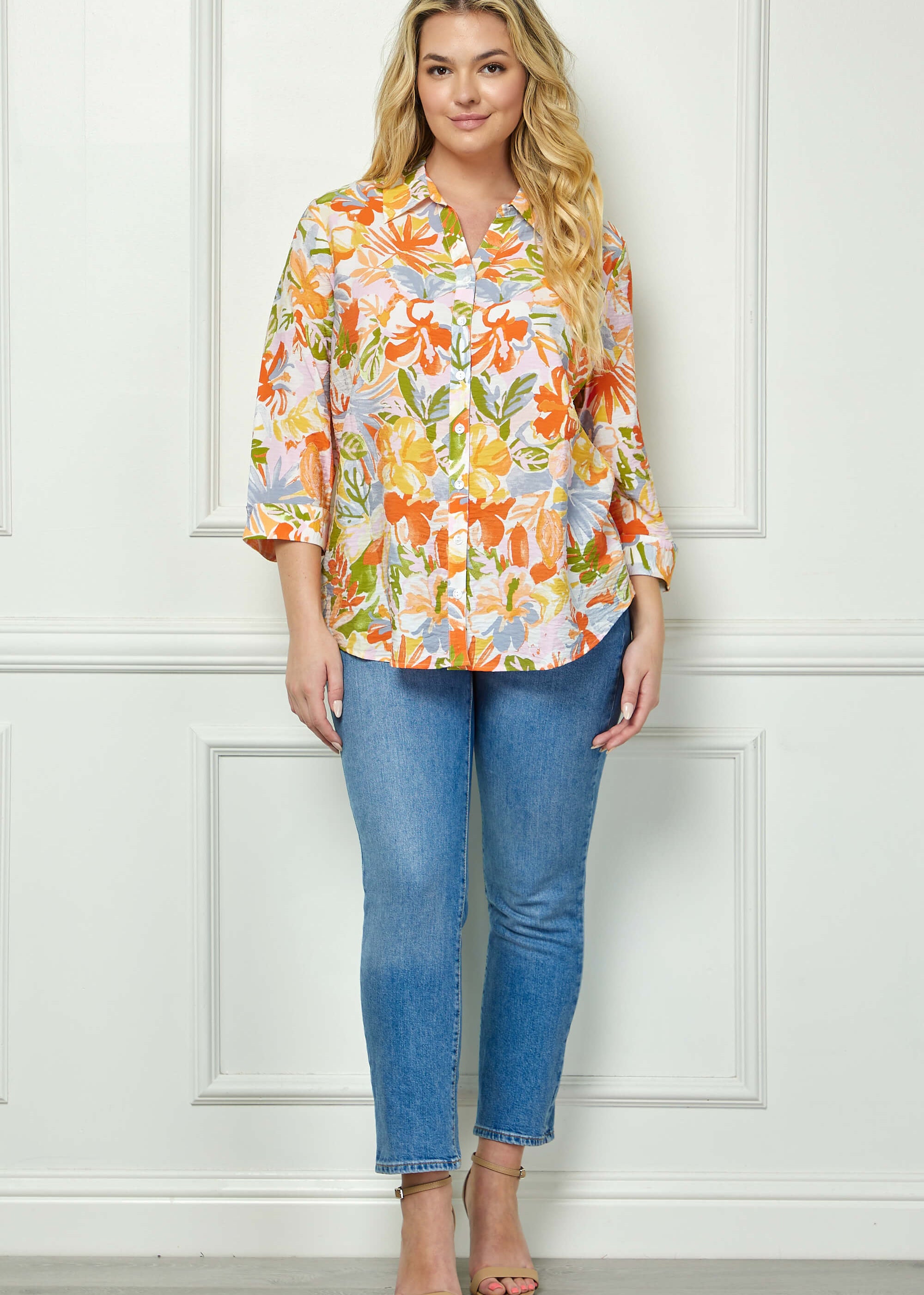 3/4 Notch Cuff Sleeve Johnny Collar Shirt in Orange - Plus
