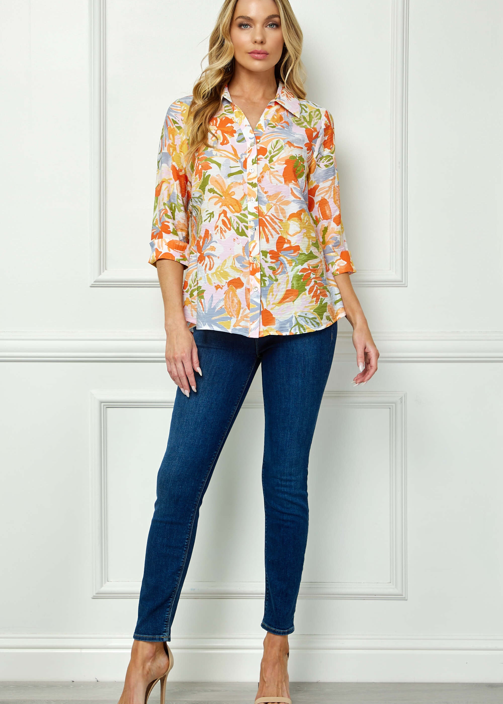 3/4 Notch Cuff Sleeve Johnny Collar Shirt in Orange