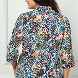 3/4 Sleeve Button-Front Blouse in Ivory/Brown/Teal - Plus