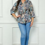 3/4 Sleeve Button-Front Blouse in Ivory/Brown/Teal - Plus