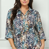 3/4 Sleeve Button-Front Blouse in Ivory/Brown/Teal - Plus