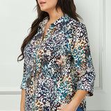 3/4 Sleeve Button-Front Blouse in Ivory/Brown/Teal - Plus