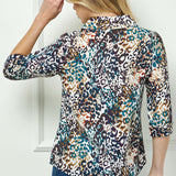 3/4 Sleeve Button-Front Blouse in Ivory/Brown/Teal