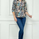 3/4 Sleeve Button-Front Blouse in Ivory/Brown/Teal