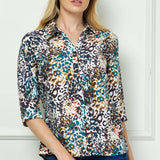 3/4 Sleeve Button-Front Blouse in Ivory/Brown/Teal