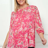 3/4 Knot Sleeve Scoop Neck Yoke Blouse in Fuchsia Floral - Plus