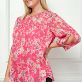 3/4 Knot Sleeve Scoop Neck Yoke Blouse in Fuchsia Floral - Plus