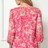 3/4 Knot Sleeve Scoop Neck Yoke Blouse in Fuchsia Floral