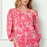 3/4 Knot Sleeve Scoop Neck Yoke Blouse in Fuchsia Floral