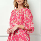 3/4 Knot Sleeve Scoop Neck Yoke Blouse in Fuchsia Floral