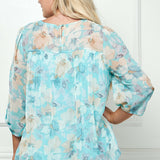 3/4 Knot Sleeve Scoop Neck Yoke Blouse in Aqua Flower - Plus