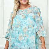 3/4 Knot Sleeve Scoop Neck Yoke Blouse in Aqua Flower - Plus