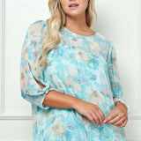 3/4 Knot Sleeve Scoop Neck Yoke Blouse in Aqua Flower - Plus