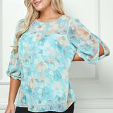 3/4 Knot Sleeve Scoop Neck Yoke Blouse in Aqua Flower - Plus