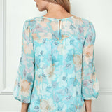 3/4 Knot Sleeve Scoop Neck Yoke Blouse in Aqua Flower