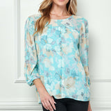 3/4 Knot Sleeve Scoop Neck Yoke Blouse in Aqua Flower