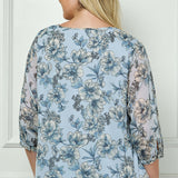 3/4 Button Cuff Sleeve Smock Shoulder Tie Neck Blouse in Blue Floral - Plus