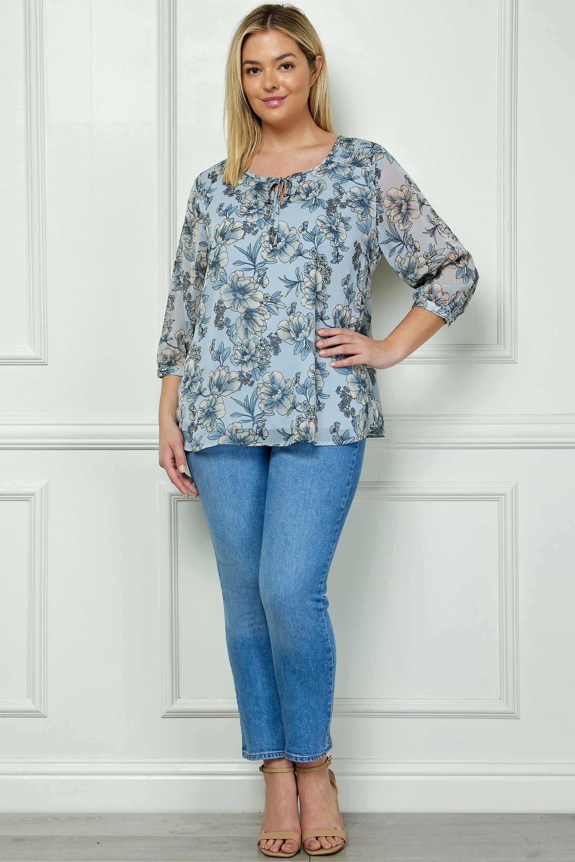 3/4 Button Cuff Sleeve Smock Shoulder Tie Neck Blouse in Blue Floral