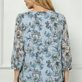 3/4 Button Cuff Sleeve Smock Shoulder Tie Neck Blouse in Blue - Floral