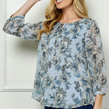 3/4 Button Cuff Sleeve Smock Shoulder Tie Neck Blouse in Blue - Floral