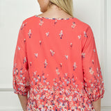 3/4 Button Cuff Sleeve Tie Neck Border Print Blouse in Coral - Plus