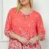 3/4 Button Cuff Sleeve Tie Neck Border Print Blouse in Coral - Plus
