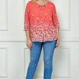 3/4 Button Cuff Sleeve Tie Neck Border Print Blouse in Coral - Plus