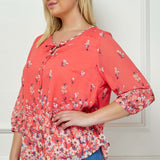 3/4 Button Cuff Sleeve Tie Neck Border Print Blouse in Coral - Plus