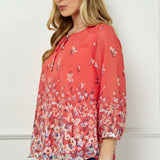 3/4 Button Cuff Sleeve Tie Neck Border Print Blouse in Coral
