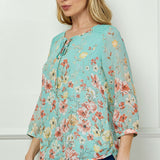3/4 Button Cuff Smock Shoulder Tie Neck Border Print Blouse in Seafoam Petals