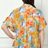 Ruffle Sleeve Button-Front Blouse in Sage/Coral/Yellow - Plus