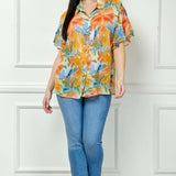 Ruffle Sleeve Button-Front Blouse in Sage/Coral/Yellow - Plus
