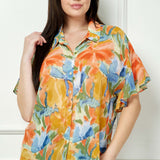 Ruffle Sleeve Button-Front Blouse in Sage/Coral/Yellow - Plus