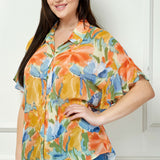 Ruffle Sleeve Button-Front Blouse in Sage/Coral/Yellow - Plus