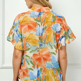 Ruffle Sleeve Button-Front Blouse in Sage/Coral/Yellow