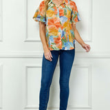 Ruffle Sleeve Button-Front Blouse in Sage/Coral/Yellow