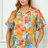 Ruffle Sleeve Button-Front Blouse in Sage/Coral/Yellow